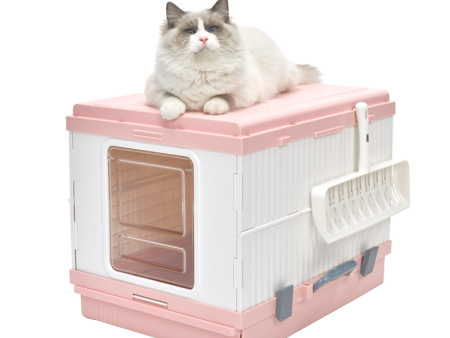 XL Portable Cat Toilet Litter Box Tray Foldable House | with Handle and Scoop, Pink Online Hot Sale