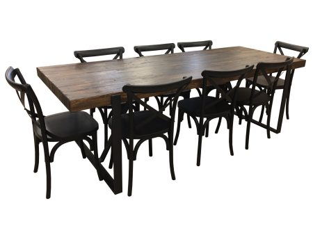 Rustica 9pc Dining Set 240cm Table 8 Chair Solid Timber Wood Seat Black For Discount