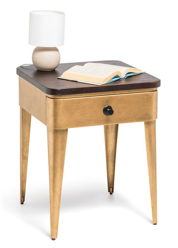 Modern Bedside Table with Storage Drawer in Brass Finish and Wood Top Sale