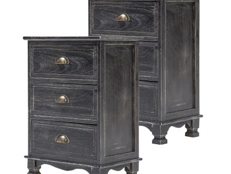 2X Bedside Table 3 Drawer Vintage Side Table Storage Cabinet Bedroom CLARA BLACK Sale