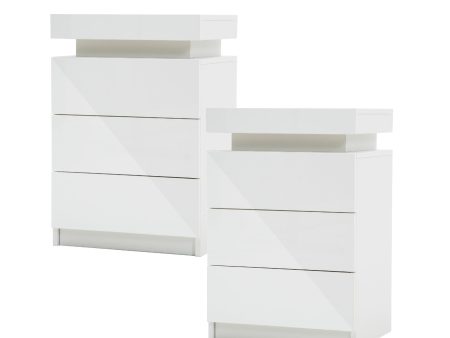 2X Bedside Table 3 Drawers RGB LED Bedroom Cabinet Nightstand Gloss GLORY WHITE Discount