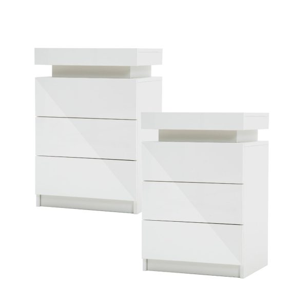 2X Bedside Table 3 Drawers RGB LED Bedroom Cabinet Nightstand Gloss GLORY WHITE Discount