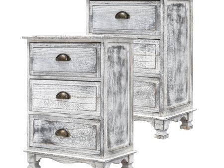 2X Bedside Table 3 Drawer Vintage Side Table Storage Cabinet Bedroom CLARA GREY For Discount