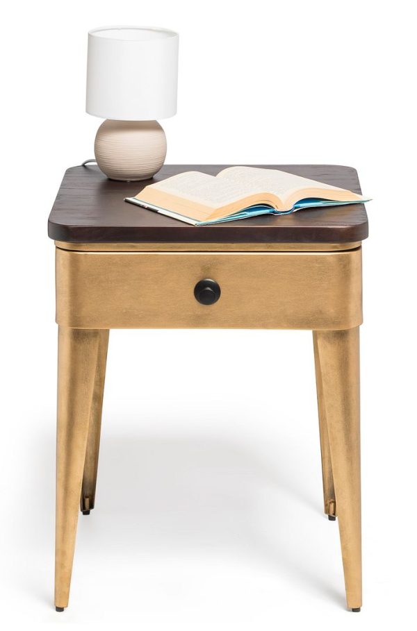 Modern Bedside Table with Storage Drawer in Brass Finish and Wood Top Sale