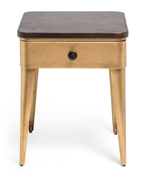 Modern Bedside Table with Storage Drawer in Brass Finish and Wood Top Sale