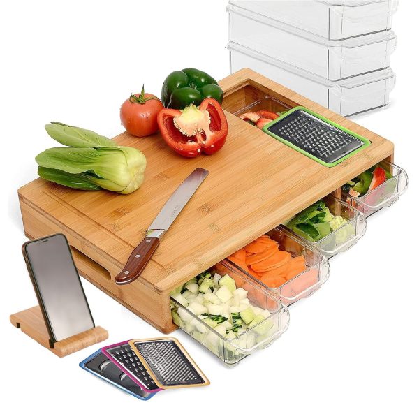 Large Bamboo Cutting Board and 4 Containers with Mobile Holder For Sale