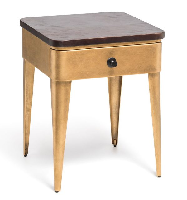 Modern Bedside Table with Storage Drawer in Brass Finish and Wood Top Sale