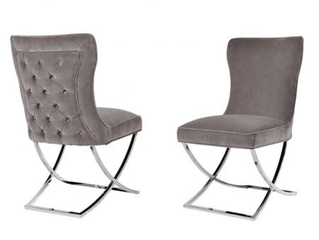 Dining Chairs | 2X | Grey Fabric Upholstery | Beautiful Quilting | Shiny Silver Legs Hot on Sale