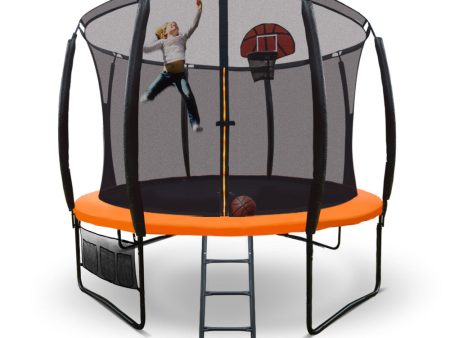 10ft Round Kids Trampoline with Curved Pole Design, Basketball Set and Sprinkler Accessory | Black and Orange | UP-SHOT Hot on Sale