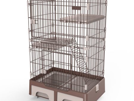 134 cm Brown Pet 3 Level Cat Cage House | Includes Litter Tray and Storage Box Supply