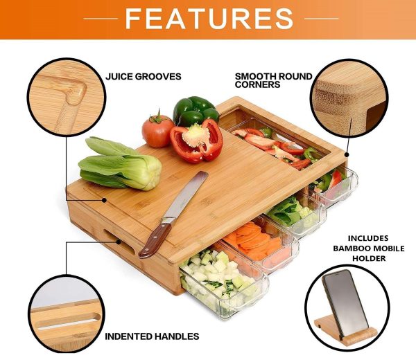 Large Bamboo Cutting Board and 4 Containers with Mobile Holder For Sale