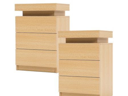 2X Bedside Table 3 Drawers RGB LED Bedroom Cabinet Nightstand Gloss GLORY OAK For Sale